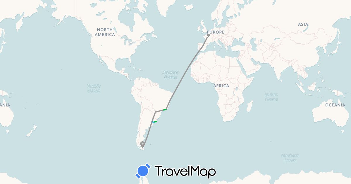 TravelMap itinerary: driving, bus, plane, boat in Argentina, Brazil, Spain, France, Uruguay (Europe, South America)